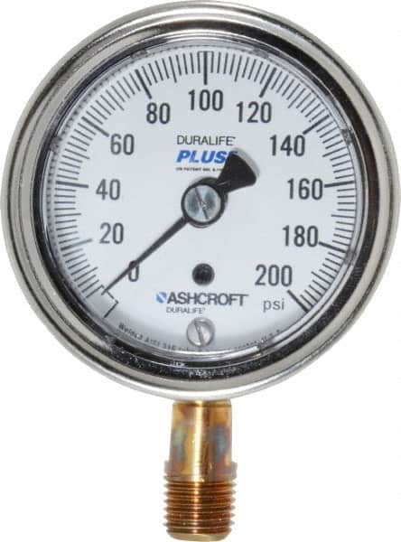 Ashcroft - 2-1/2" Dial, 1/4 Thread, 0-200 Scale Range, Pressure Gauge - Lower Connection Mount, Accurate to 1% of Scale - Makers Industrial Supply