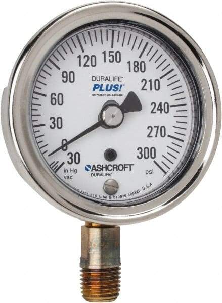 Ashcroft - 2-1/2" Dial, 1/4 Thread, 30-0-300 Scale Range, Pressure Gauge - Lower Connection Mount, Accurate to 1% of Scale - Makers Industrial Supply