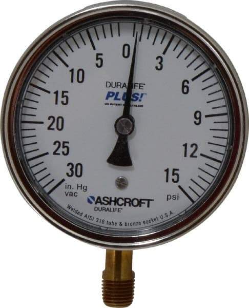 Ashcroft - 3-1/2" Dial, 1/4 Thread, 30-0-15 Scale Range, Pressure Gauge - Lower Connection Mount, Accurate to 1% of Scale - Makers Industrial Supply