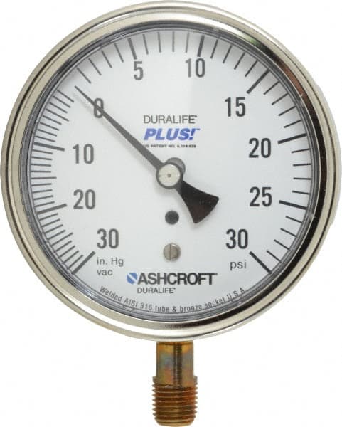 Ashcroft - 3-1/2" Dial, 1/4 Thread, 30-0-30 Scale Range, Pressure Gauge - Lower Connection Mount, Accurate to 1% of Scale - Makers Industrial Supply