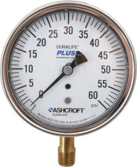 Ashcroft - 3-1/2" Dial, 1/4 Thread, 0-60 Scale Range, Pressure Gauge - Lower Connection Mount, Accurate to 1% of Scale - Makers Industrial Supply