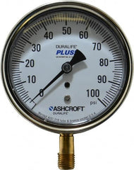 Ashcroft - 3-1/2" Dial, 1/4 Thread, 0-100 Scale Range, Pressure Gauge - Lower Connection Mount, Accurate to 1% of Scale - Makers Industrial Supply