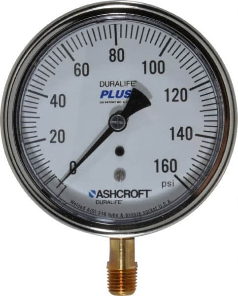 Ashcroft - 3-1/2" Dial, 1/4 Thread, 0-160 Scale Range, Pressure Gauge - Lower Connection Mount, Accurate to 1% of Scale - Makers Industrial Supply