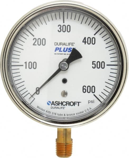 Ashcroft - 3-1/2" Dial, 1/4 Thread, 0-600 Scale Range, Pressure Gauge - Lower Connection Mount, Accurate to 1% of Scale - Makers Industrial Supply