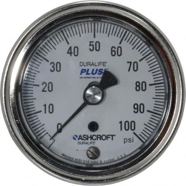 Ashcroft - 2-1/2" Dial, 1/4 Thread, 0-100 Scale Range, Pressure Gauge - Center Back Connection Mount, Accurate to 1% of Scale - Makers Industrial Supply