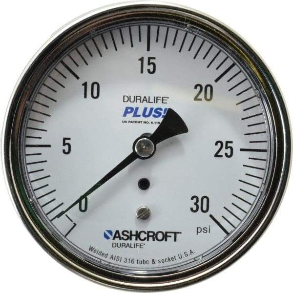 Ashcroft - 3-1/2" Dial, 1/4 Thread, 0-30 Scale Range, Pressure Gauge - Center Back Connection Mount, Accurate to 1% of Scale - Makers Industrial Supply