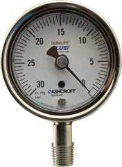 Ashcroft - 2-1/2" Dial, 1/4 Thread, 30-0 Scale Range, Pressure Gauge - Lower Connection Mount, Accurate to 1% of Scale - Makers Industrial Supply