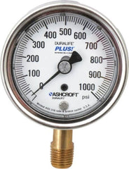 Ashcroft - 2-1/2" Dial, 1/4 Thread, 0-1,000 Scale Range, Pressure Gauge - Lower Connection Mount, Accurate to 1% of Scale - Makers Industrial Supply