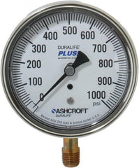 Ashcroft - 3-1/2" Dial, 1/4 Thread, 0-1,000 Scale Range, Pressure Gauge - Lower Connection Mount, Accurate to 1% of Scale - Makers Industrial Supply