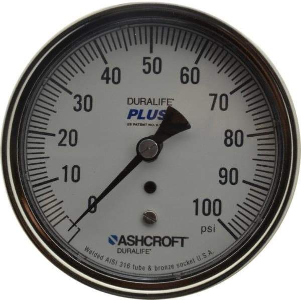 Ashcroft - 3-1/2" Dial, 1/4 Thread, 0-100 Scale Range, Pressure Gauge - Center Back Connection Mount, Accurate to 1% of Scale - Makers Industrial Supply