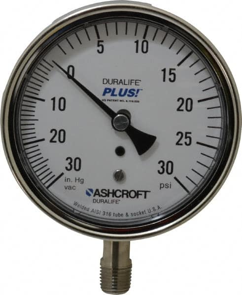 Ashcroft - 3-1/2" Dial, 1/4 Thread, 30-0-30 Scale Range, Pressure Gauge - Lower Connection Mount, Accurate to 1% of Scale - Makers Industrial Supply