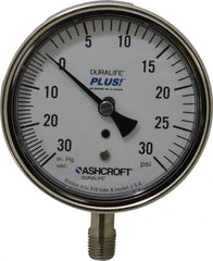 Ashcroft - 3-1/2" Dial, 1/4 Thread, 30-0-30 Scale Range, Pressure Gauge - Lower Connection Mount, Accurate to 1% of Scale - Makers Industrial Supply