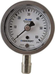 Ashcroft - 2-1/2" Dial, 1/4 Thread, 0-60 Scale Range, Pressure Gauge - Lower Connection Mount, Accurate to 3-2-3% of Scale - Makers Industrial Supply