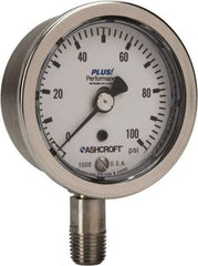 Ashcroft - 2-1/2" Dial, 1/4 Thread, 0-100 Scale Range, Pressure Gauge - Lower Connection Mount, Accurate to 3-2-3% of Scale - Makers Industrial Supply