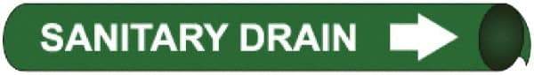 NMC - Pipe Marker with Sanitary Drain Legend and Arrow Graphic - 8 to 10" Pipe Outside Diam, White on Green - Makers Industrial Supply