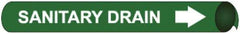 NMC - Pipe Marker with Sanitary Drain Legend and Arrow Graphic - 10 to 10" Pipe Outside Diam, White on Green - Makers Industrial Supply