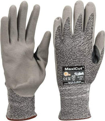 ATG - Size L (9), ANSI Cut Lvl A2, Abrasion Lvl 4, Nitrile Coated Cut Resistant Gloves - Palm & Fingers Coated, Nylon with Glass/Polyester/Lycra Lining, Knit Wrist, Gray/Green, Paired - Makers Industrial Supply