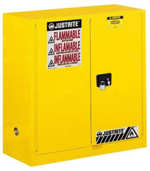 Justrite - 2 Door, 1 Shelf, Yellow Steel Standard Safety Cabinet for Flammable and Combustible Liquids - 44" High x 43" Wide x 18" Deep, Manual Closing Door, 3 Point Key Lock, 30 Gal Capacity - Makers Industrial Supply