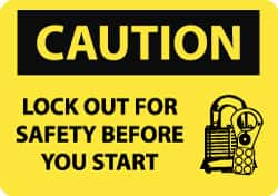 NMC - "Caution - Lock Out for Safety Before You Start", 10" Long x 14" Wide, Pressure-Sensitive Vinyl Safety Sign - Rectangle, 0.004" Thick, Use for Accident Prevention - Makers Industrial Supply