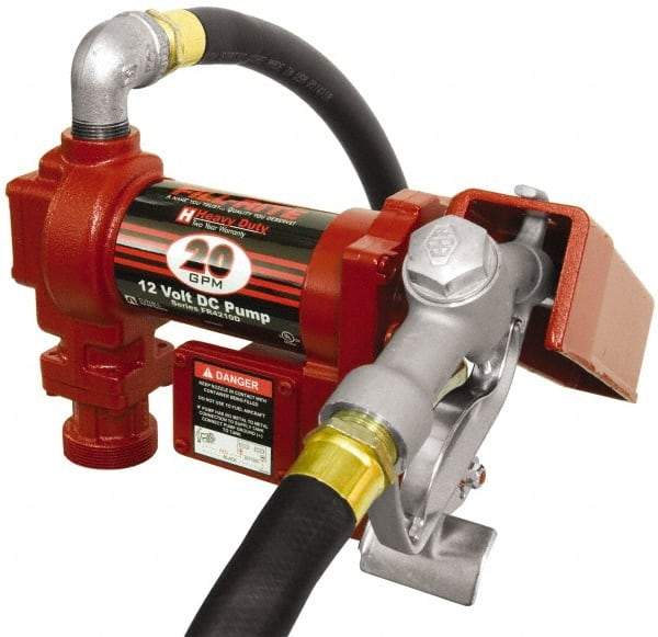 Tuthill - 20 GPM, 1" Hose Diam, DC High Flow Tank Pump with Manual Nozzle - 1" Inlet, 1" Outlet, 12 Volts, 12' Hose Length, 1/4 hp - Makers Industrial Supply