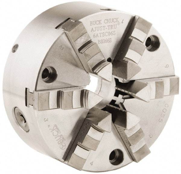 Buck Chuck Company - 6 Jaws, 8" Diam, Self Centering Manual Lathe Chuck - Front Mount, Adjustable, 3,000 Max RPM, 2.37" Through Hole Diam, Forged Steel - Makers Industrial Supply