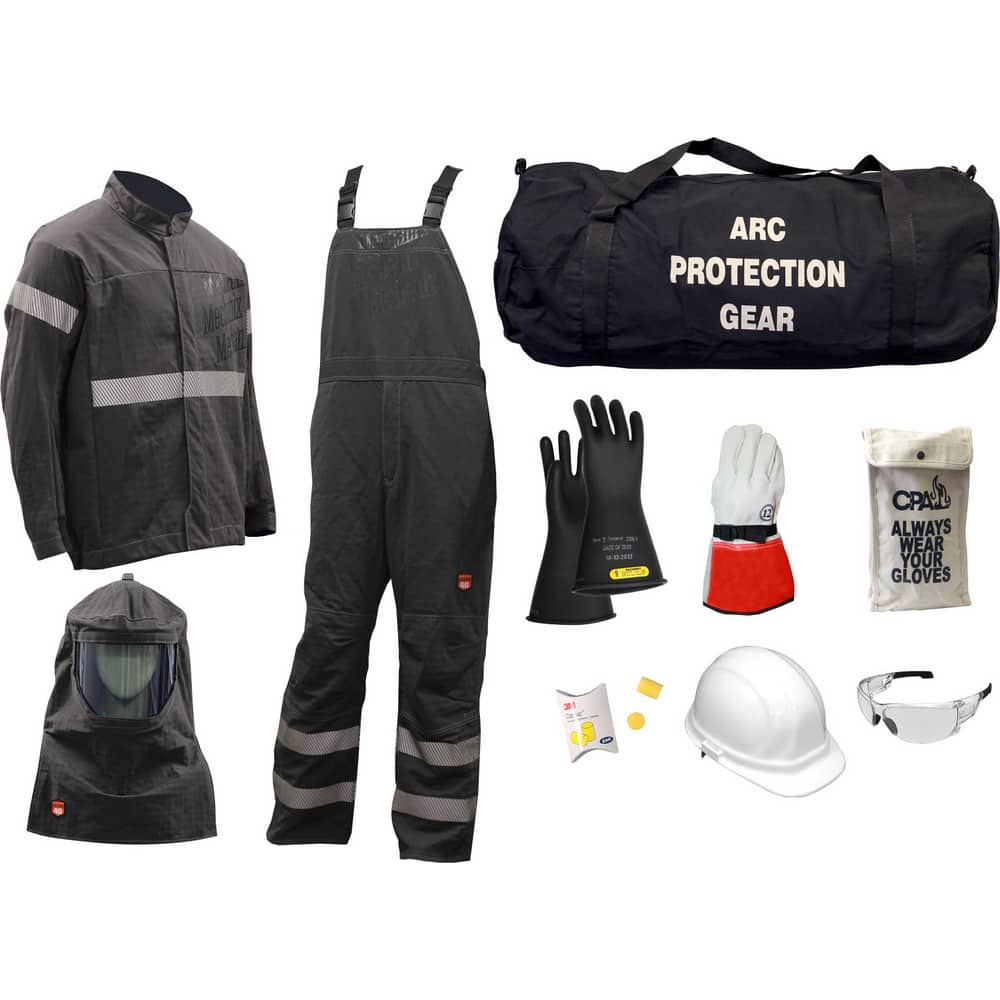 Size Medium, 9.2 Arc Flashing Clothing Kit Includes Premium Gore Pyrad Jacket and Bib, Hood, Face Shield, Bracket, Hard Cap, Ear Plugs, Safety Glasses, Rubber Gloves, Leather Glove Protectors & Glove Bag and Arc Gear Bag