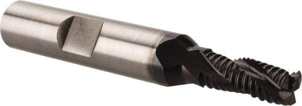 Accupro - 1/4" Diam, Fine Pitch, 5/8" LOC, 3 Flute Powdered Metal Corner Chamfer Roughing End Mill - TiAlN Finish, 2-7/16" OAL, 3/8" Shank Diam, Single End, Centercutting, 30° Helix - Makers Industrial Supply