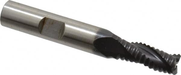 Accupro - 5/16" Diam, Coarse Pitch, 3/4" LOC, 3 Flute Powdered Metal Corner Chamfer Roughing End Mill - TiAlN Finish, 2-1/2" OAL, 3/8" Shank Diam, Single End, Centercutting, 30° Helix - Makers Industrial Supply