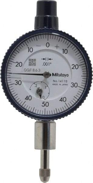 Mitutoyo - 1/4" Range, 0-50-0 Dial Reading, 0.001" Graduation Dial Drop Indicator - 1-5/8" Dial, 0.1" Range per Revolution, 0.001" Accuracy, Revolution Counter - Makers Industrial Supply