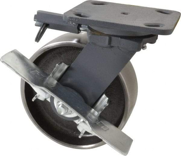 Hamilton - 6" Diam x 2" Wide x 7-1/2" OAH Top Plate Mount Swivel Caster with Brake - Forged Steel, 2,000 Lb Capacity, Roller Bearing, 4 x 5" Plate - Makers Industrial Supply