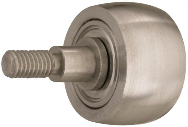 Plain Cam Follower: 0.187″ Roller Dia, 0.2″ Roller Width, 0.25″ Stud Dia 2-56 Thread Size, 1/8″ Thread Length, 50 lb Dynamic Load, Stainless Steel Roller