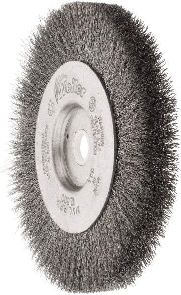 Weiler - 4" OD, 1/2" Arbor Hole, Crimped Steel Wheel Brush - 1/2" Face Width, 7/8" Trim Length, 0.006" Filament Diam, 12,500 RPM - Makers Industrial Supply