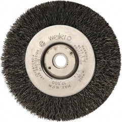 Weiler - 4" OD, 1/2" Arbor Hole, Crimped Steel Wheel Brush - 1/2" Face Width, 7/8" Trim Length, 0.008" Filament Diam, 12,500 RPM - Makers Industrial Supply