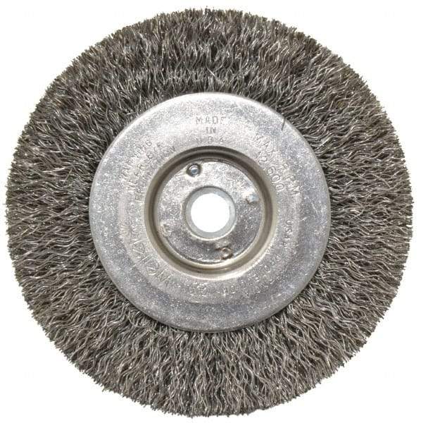 Weiler - 4" OD, 1/2" Arbor Hole, Crimped Steel Wheel Brush - 1/2" Face Width, 7/8" Trim Length, 0.0118" Filament Diam, 12,500 RPM - Makers Industrial Supply