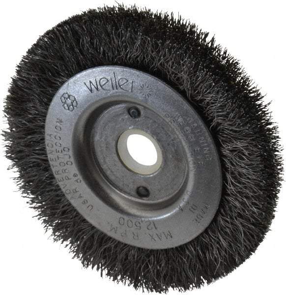 Weiler - 3" OD, 1/2" Arbor Hole, Crimped Steel Wheel Brush - 7/16" Face Width, 1/2" Trim Length, 0.008" Filament Diam, 12,500 RPM - Makers Industrial Supply