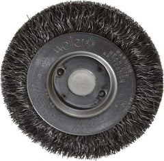 Weiler - 3" OD, 1/2" Arbor Hole, Crimped Steel Wheel Brush - 7/16" Face Width, 1/2" Trim Length, 0.0118" Filament Diam, 12,500 RPM - Makers Industrial Supply