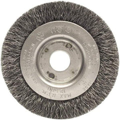 Weiler - 3" OD, 1/2" Arbor Hole, Crimped Steel Wheel Brush - 7/16" Face Width, 1/2" Trim Length, 0.014" Filament Diam, 12,500 RPM - Makers Industrial Supply