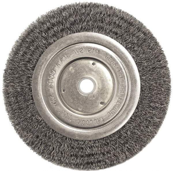 Weiler - 6" OD, 5/8" Arbor Hole, Crimped Steel Wheel Brush - 1/2" Face Width, 1-1/16" Trim Length, 0.0118" Filament Diam, 6,000 RPM - Makers Industrial Supply