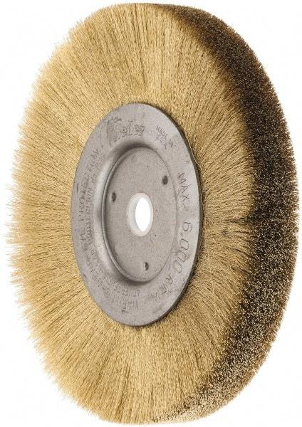 Weiler - 6" OD, 5/8" Arbor Hole, Crimped Brass Wheel Brush - 1/2" Face Width, 1-1/16" Trim Length, 0.005" Filament Diam, 6,000 RPM - Makers Industrial Supply