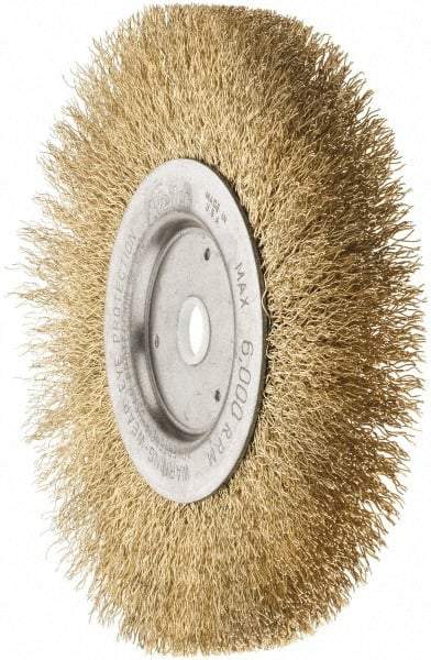 Weiler - 6" OD, 5/8" Arbor Hole, Crimped Brass Wheel Brush - 1/2" Face Width, 1-1/16" Trim Length, 0.0118" Filament Diam, 6,000 RPM - Makers Industrial Supply