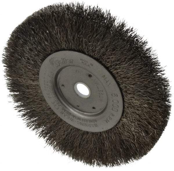 Weiler - 6" OD, 5/8" Arbor Hole, Crimped Stainless Steel Wheel Brush - 1/2" Face Width, 1-7/16" Trim Length, 0.0104" Filament Diam, 6,000 RPM - Makers Industrial Supply