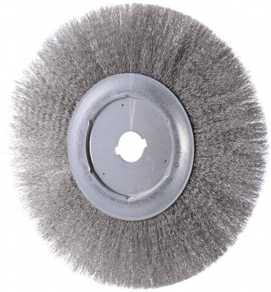 Weiler - 12" OD, 1-1/4" Arbor Hole, Crimped Stainless Steel Wheel Brush - 3/4" Face Width, 2-15/16" Trim Length, 0.0104" Filament Diam, 3,000 RPM - Makers Industrial Supply