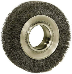 Weiler - 6" OD, 2" Arbor Hole, Crimped Steel Wheel Brush - 1-1/4" Face Width, 1-1/8" Trim Length, 0.006" Filament Diam, 6,000 RPM - Makers Industrial Supply