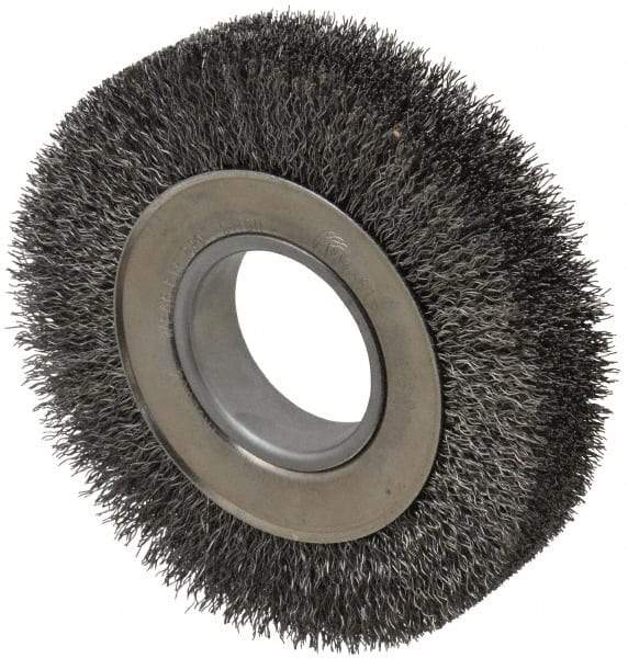 Weiler - 6" OD, 2" Arbor Hole, Crimped Steel Wheel Brush - 1-1/4" Face Width, 1-1/8" Trim Length, 0.014" Filament Diam, 6,000 RPM - Makers Industrial Supply