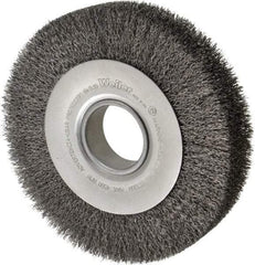 Weiler - 8" OD, 2" Arbor Hole, Crimped Steel Wheel Brush - 1-1/2" Face Width, 1-3/8" Trim Length, 0.014" Filament Diam, 4,500 RPM - Makers Industrial Supply