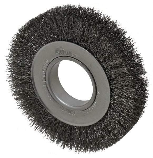 Weiler - 6" OD, 2" Arbor Hole, Crimped Steel Wheel Brush - 1" Face Width, 1-1/8" Trim Length, 0.014" Filament Diam, 6,000 RPM - Makers Industrial Supply