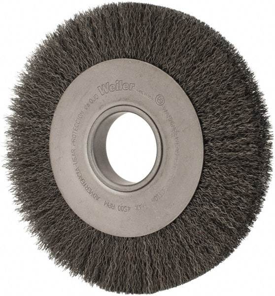 Weiler - 8" OD, 2" Arbor Hole, Crimped Steel Wheel Brush - 1" Face Width, 1-3/8" Trim Length, 0.014" Filament Diam, 4,500 RPM - Makers Industrial Supply