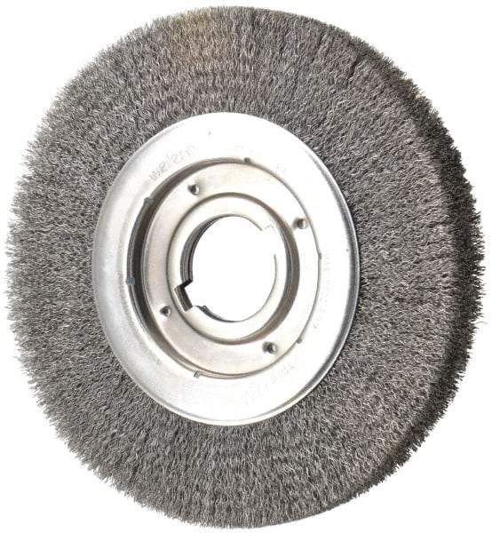 Weiler - 10" OD, 2" Arbor Hole, Crimped Steel Wheel Brush - 1-1/8" Face Width, 2" Trim Length, 0.0118" Filament Diam, 3,600 RPM - Makers Industrial Supply