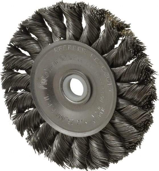 Weiler - 3" OD, 1/2" Arbor Hole, Knotted Steel Wheel Brush - 3/8" Face Width, 5/8" Trim Length, 0.014" Filament Diam, 25,000 RPM - Makers Industrial Supply