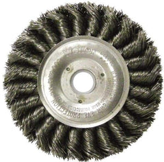 Weiler - 4" OD, 5/8" Arbor Hole, Knotted Steel Wheel Brush - 1/2" Face Width, 7/8" Trim Length, 0.014" Filament Diam, 20,000 RPM - Makers Industrial Supply